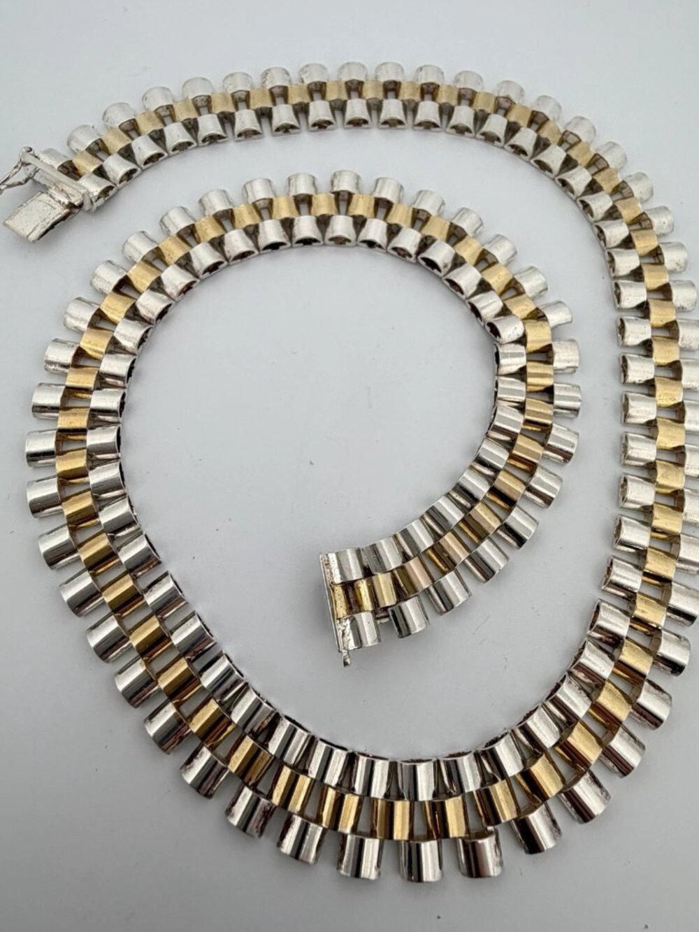 Sterling Silver Yellow Plated Watch Band Link Necklace 12mm Wide 17.5 Inches